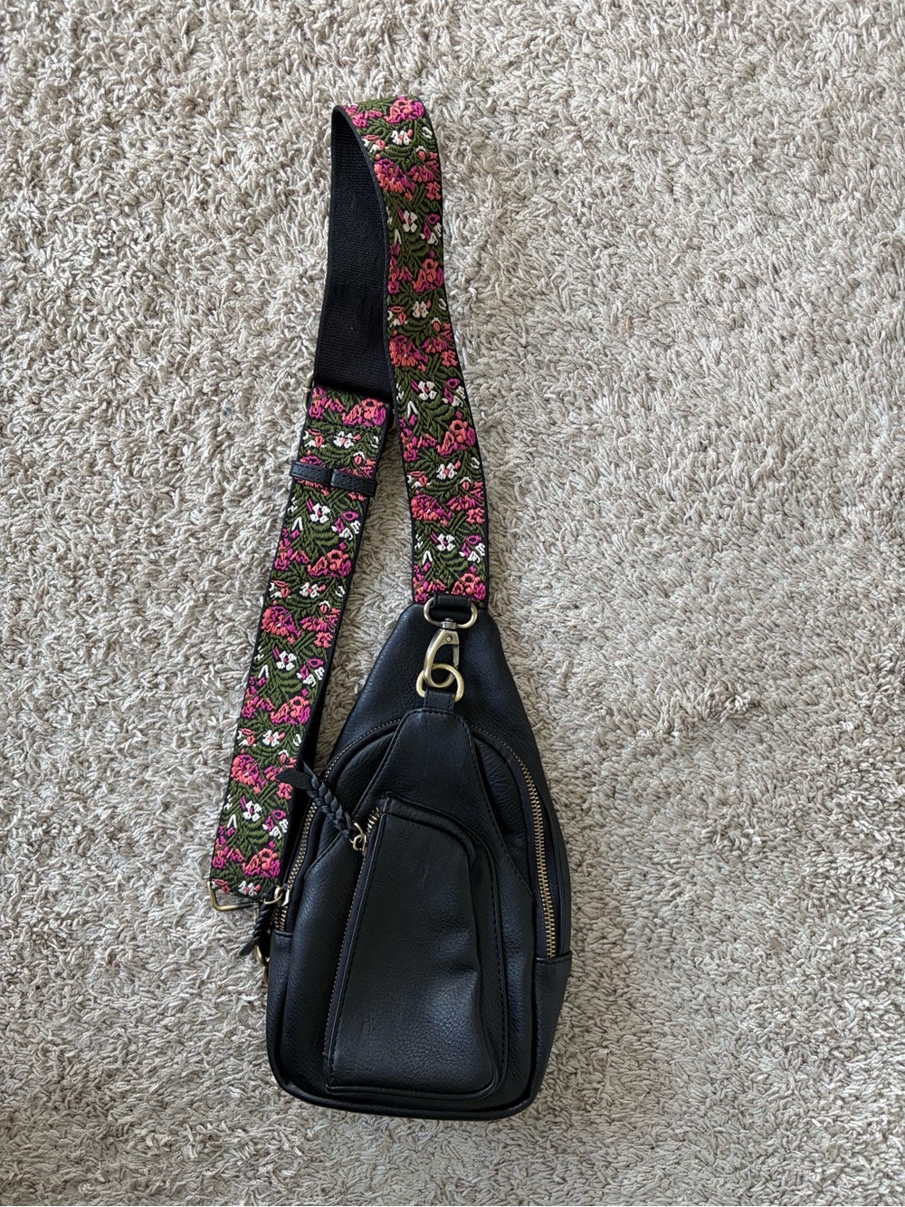 Black Leather Crossbody Sling Bag with Floral Strap